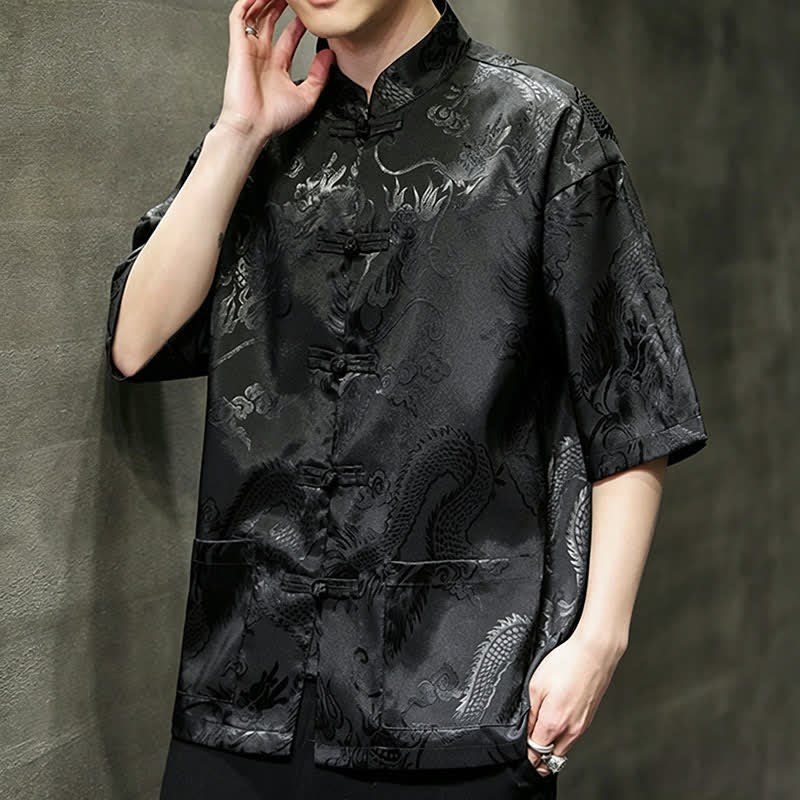 Buddha Stones Summer Tang Style Mandarin Collar Frog Button Dragon Pattern Men's Short Sleeve Shirts With Pocket - image 11