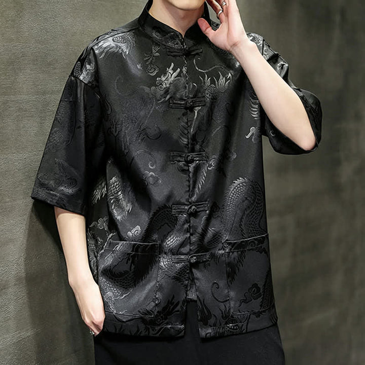 Buddha Stones Summer Tang Style Mandarin Collar Frog Button Dragon Pattern Men's Short Sleeve Shirts With Pocket - image 10