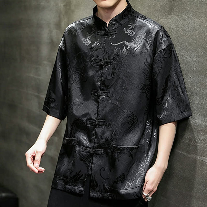Buddha Stones Summer Tang Style Mandarin Collar Frog Button Dragon Pattern Men's Short Sleeve Shirts With Pocket - Black - US/UK/AU40, EU50 (2XL) - image 9