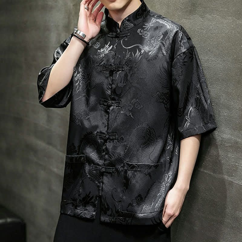 Buddha Stones Summer Tang Style Mandarin Collar Frog Button Dragon Pattern Men's Short Sleeve Shirts With Pocket - image 12