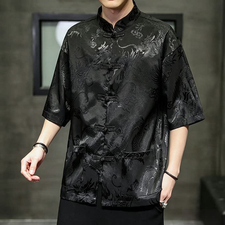 Buddha Stones Summer Tang Style Mandarin Collar Frog Button Dragon Pattern Men's Short Sleeve Shirts With Pocket - image 14