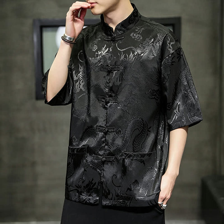 Buddha Stones Summer Tang Style Mandarin Collar Frog Button Dragon Pattern Men's Short Sleeve Shirts With Pocket - image 18
