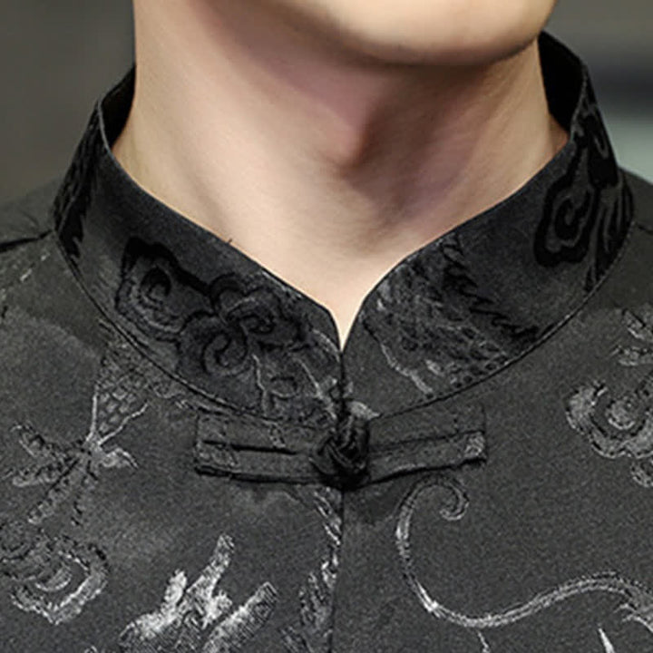 Buddha Stones Summer Tang Style Mandarin Collar Frog Button Dragon Pattern Men's Short Sleeve Shirts With Pocket - image 15