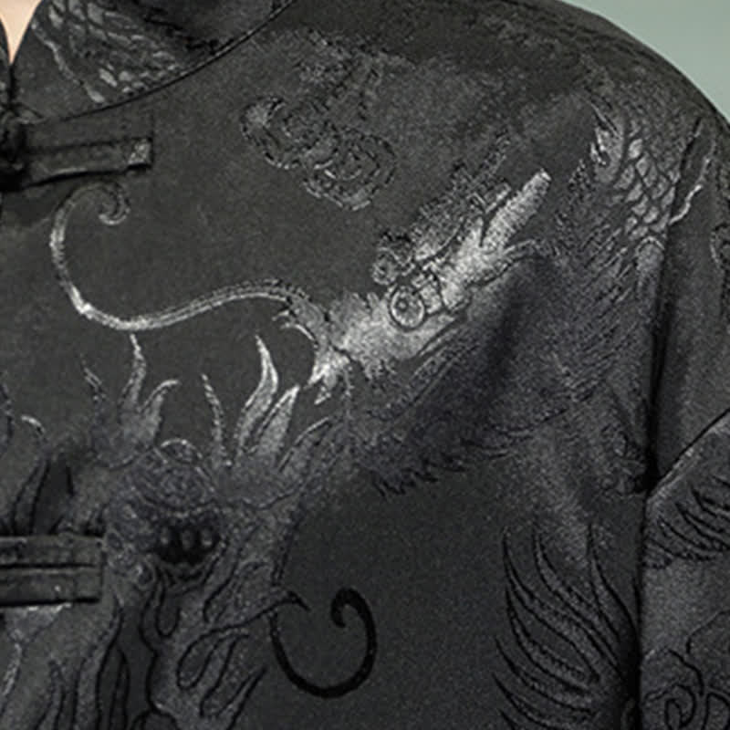 Buddha Stones Summer Tang Style Mandarin Collar Frog Button Dragon Pattern Men's Short Sleeve Shirts With Pocket - image 16