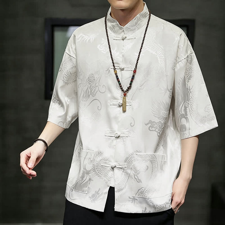 Buddha Stones Summer Tang Style Mandarin Collar Frog Button Dragon Pattern Men's Short Sleeve Shirts With Pocket - image 1