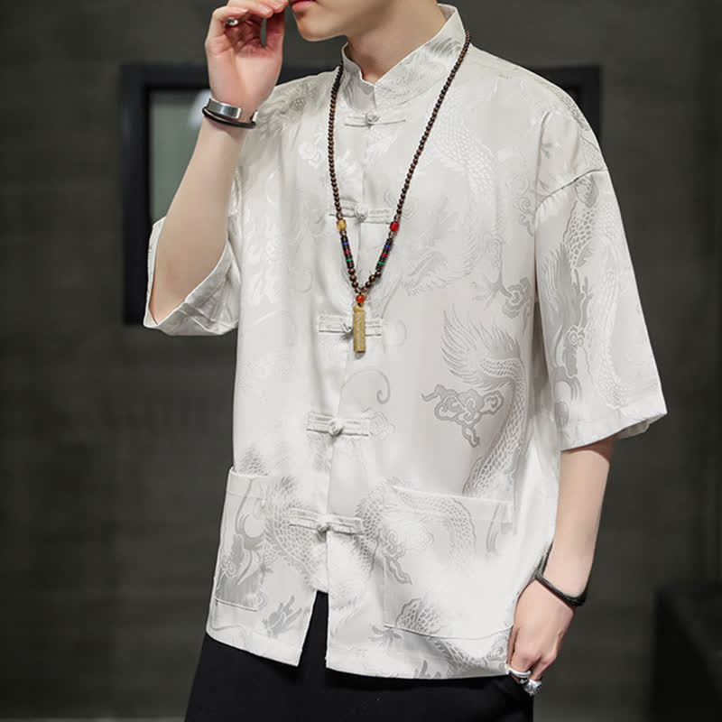 Buddha Stones Summer Tang Style Mandarin Collar Frog Button Dragon Pattern Men's Short Sleeve Shirts With Pocket - image 3