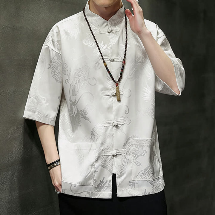 Buddha Stones Summer Tang Style Mandarin Collar Frog Button Dragon Pattern Men's Short Sleeve Shirts With Pocket - image 2
