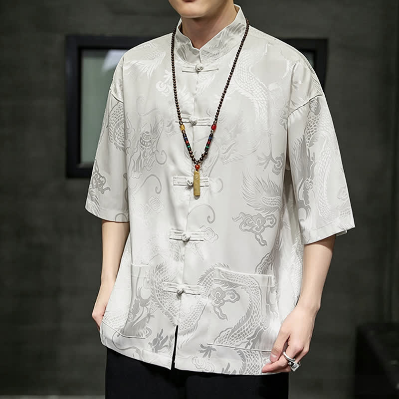 Buddha Stones Summer Tang Style Mandarin Collar Frog Button Dragon Pattern Men's Short Sleeve Shirts With Pocket - image 6