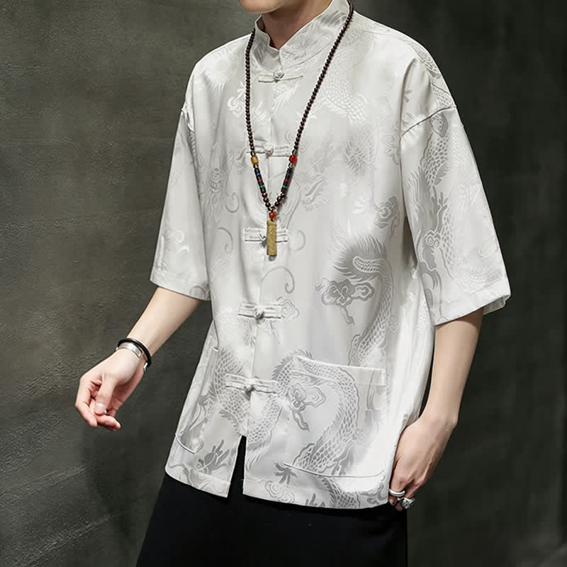 Buddha Stones Summer Tang Style Mandarin Collar Frog Button Dragon Pattern Men's Short Sleeve Shirts With Pocket - image 8