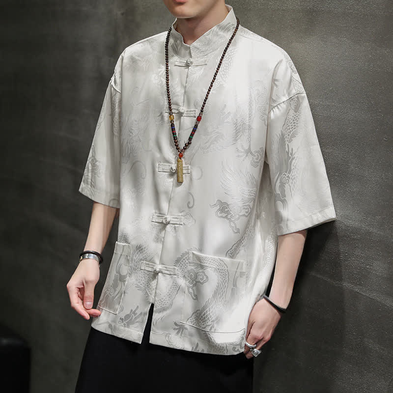 Buddha Stones Summer Tang Style Mandarin Collar Frog Button Dragon Pattern Men's Short Sleeve Shirts With Pocket - White - US/UK/AU40, EU50 (2XL) - image 0