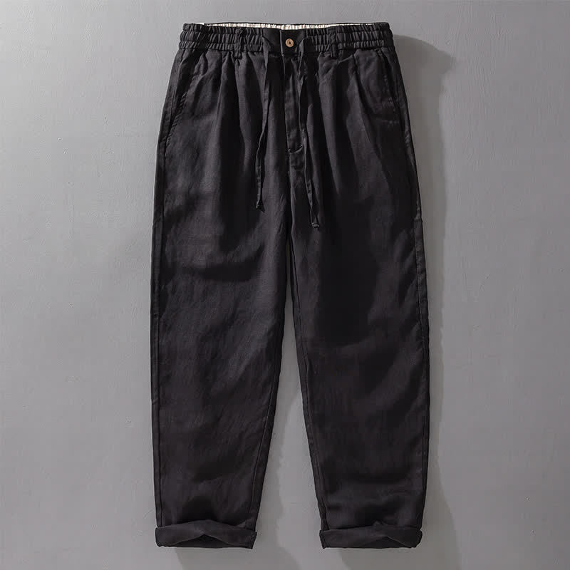Buddha Stones Spring Summer Casual Drawstring Zipper Design Solid Linen Long Pants Men's Straight Leg Pants With Pockets - Black - US/UK/AU42，EU52 (3XL) - image 8