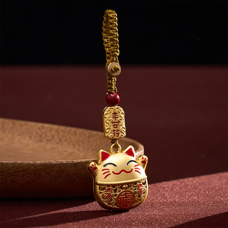 Buddha Stones Engraved Copper Fu Character Lucky Cat Braided Balance Keychains - image 10