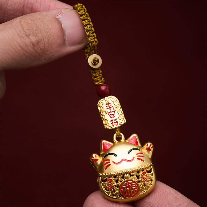 Buddha Stones Engraved Copper Fu Character Lucky Cat Braided Balance Keychains - image 14