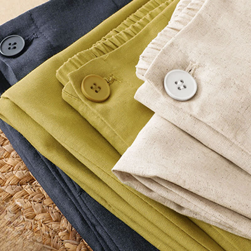 Buddha Stones Summer Minimalist Button-Up High Waist Solid Linen Women's Harem Pants With Pockets  - image 18