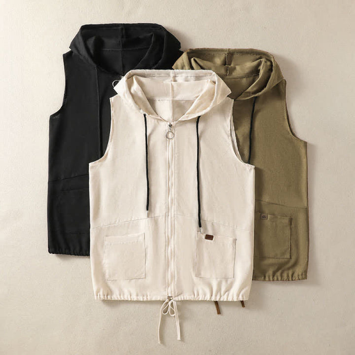 Buddha Stones Summer Casual Drawstring Solid Zipper Design Women's Sleeveless Hooded Shirts With Pockets - image 27