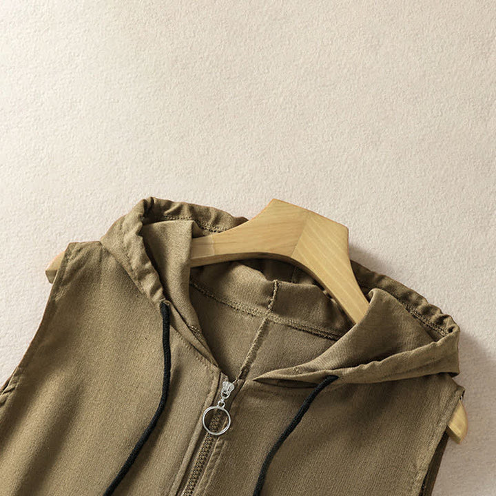 Buddha Stones Summer Casual Drawstring Solid Zipper Design Women's Sleeveless Hooded Shirts With Pockets - image 21