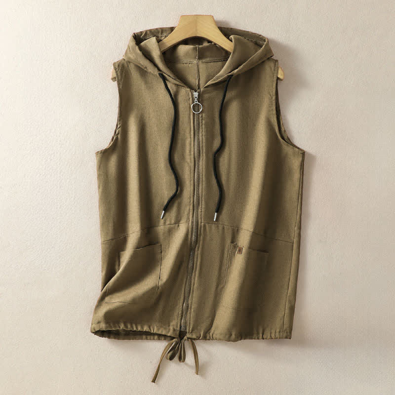 Buddha Stones Summer Casual Drawstring Solid Zipper Design Women's Sleeveless Hooded Shirts With Pockets - DarkKhaki - US12，UK/AU16，EU44 (2XL) - image 19