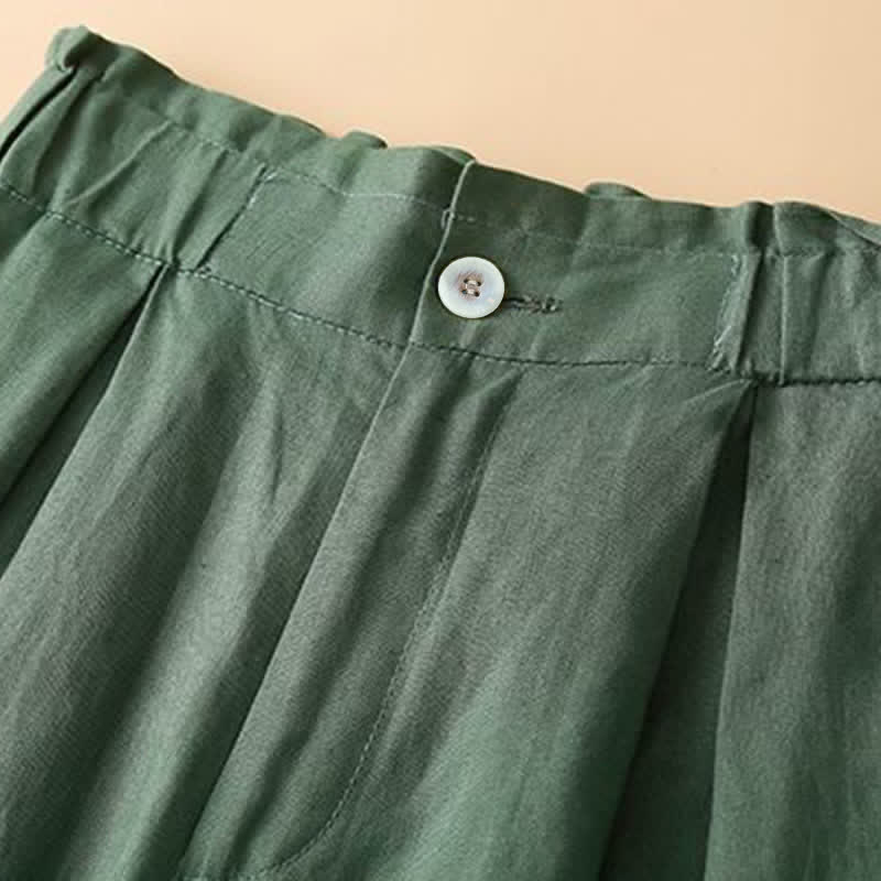 Buddha Stones Plain Color Pleated Zipper Button Cotton Linen Women's Shorts With Pockets - image 15