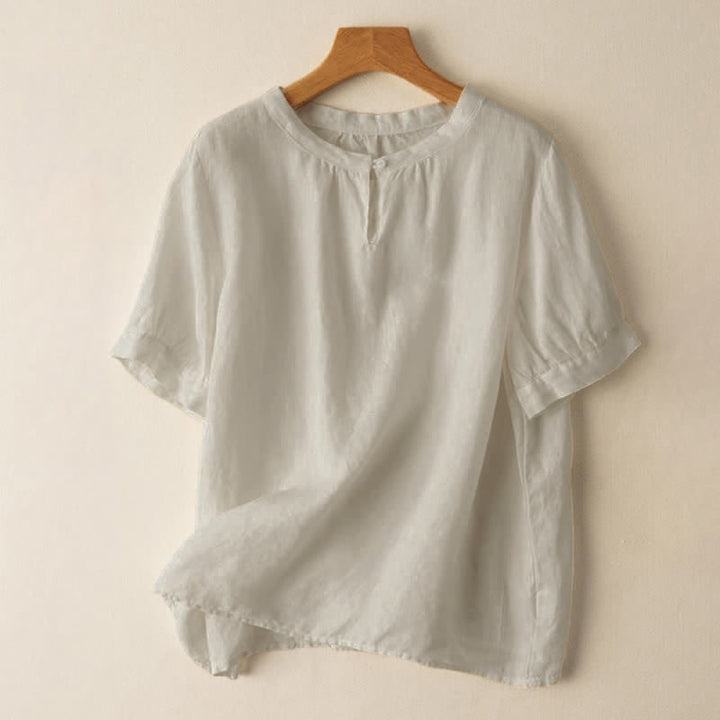 Buddha Stones Casual Women's Plain Crew Neck Button Design Half Sleeve Linen Shirt - Beige - US8-10，UK/AU12-14，EU40-42 (2XL) - image 0
