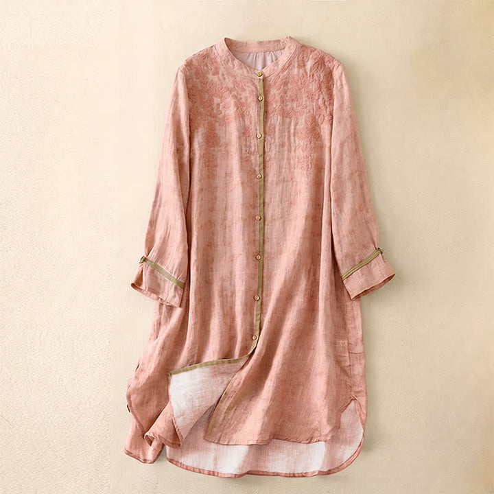 Buddha Stones Summer Casual Embroidered Stand Collar Design Three Quarter Sleeve Midi Dress - Pink - US8-10，UK/AU12-14，EU40-42 (2XL) - image 22