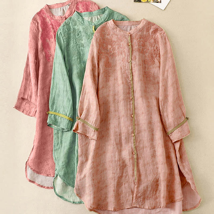 Buddha Stones Summer Casual Embroidered Stand Collar Design Three Quarter Sleeve Midi Dress - image 23