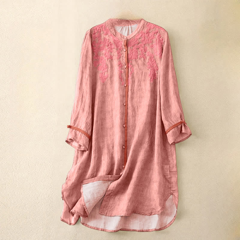 Buddha Stones Summer Casual Embroidered Stand Collar Design Three Quarter Sleeve Midi Dress - LightCoral - US8-10，UK/AU12-14，EU40-42 (2XL) - image 6