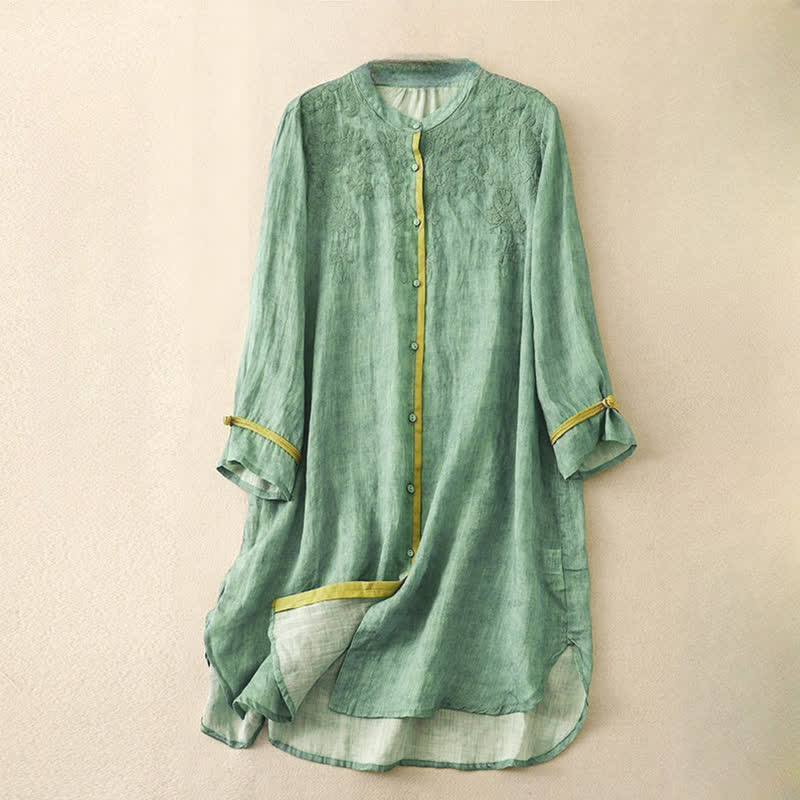 Buddha Stones Summer Casual Embroidered Stand Collar Design Three Quarter Sleeve Midi Dress - MediumSeaGreen - US8-10，UK/AU12-14，EU40-42 (2XL) - image 0