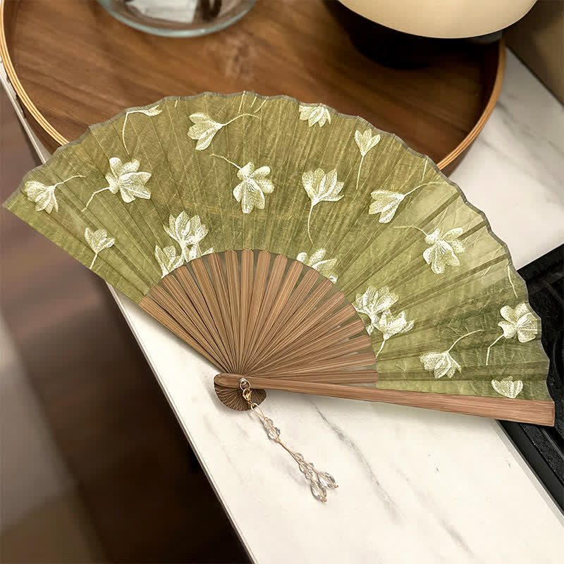 Buddha Stones Vintage White Blossom Bamboo Folding Fan 22 cm - Green - Closed Size: Approx. 22 cm / 8.7 in - image 0