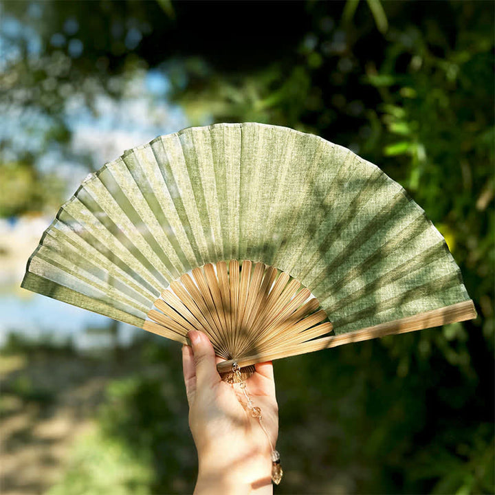 Buddha Stones Solid Color Rustic Elegance Cotton Linen Bamboo Folding Fan 22 cm - Light Gray Green - Closed Size: Approx. 22 cm / 8.7 in - image 0