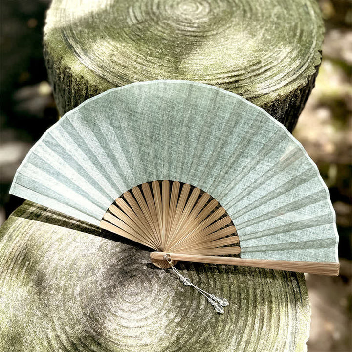 Buddha Stones Solid Color Rustic Elegance Cotton Linen Bamboo Folding Fan 22 cm - Light Green - Closed Size: Approx. 22 cm / 8.7 in - image 15