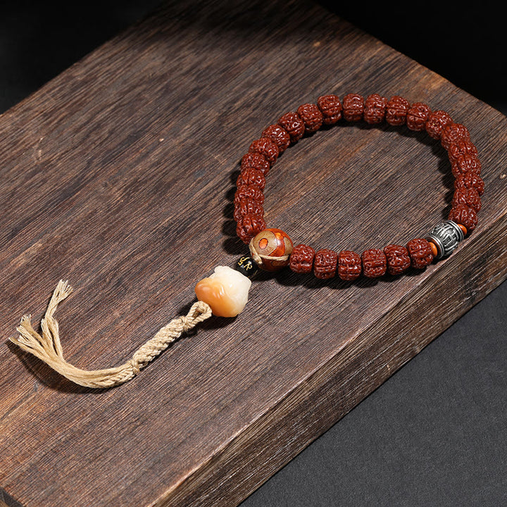 Buddha Stones Tibet Rudraksha Bodhi Seed Dzi Bead Lucky Cat Dancing Lion Wealth Bracelet Wrist Mala