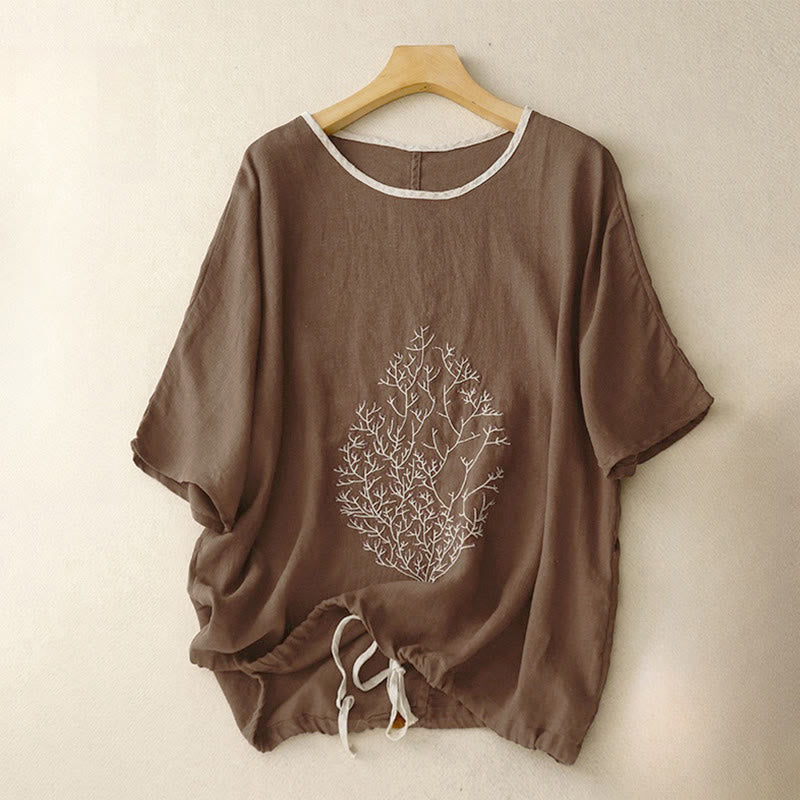 Buddha Stones Casual Embroidery Tree Drawstring Women's Crew Neck Design Half Sleeve T-Shirt - SaddleBrown - Half Sleeve - US14，UK/AU18，EU46 (2XL) - image 10