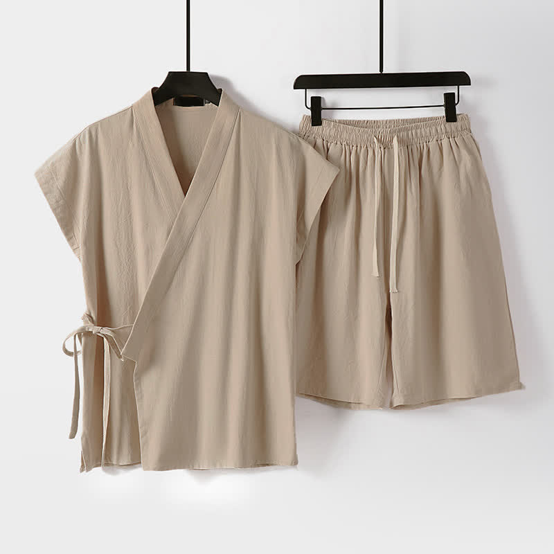 Buddha Stones 2Pcs Summer Meditation Tang Style Drawstring Solid Cotton Linen Short Sleeve Shirt Shorts Men's Meditation Cloth With Pockets - Bisque - US/UK/AU54, EU64 (9XL) - image 9