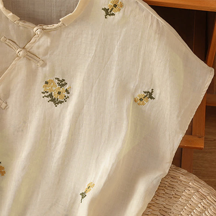 Buddha Stones Summer Casual Tang Style Mandarin Collar Embroidery Floral Tank Top Women's Sleeveless Shirts - image 5