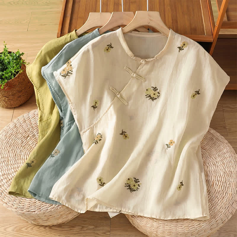 Buddha Stones Summer Casual Tang Style Mandarin Collar Embroidery Floral Tank Top Women's Sleeveless Shirts - image 22