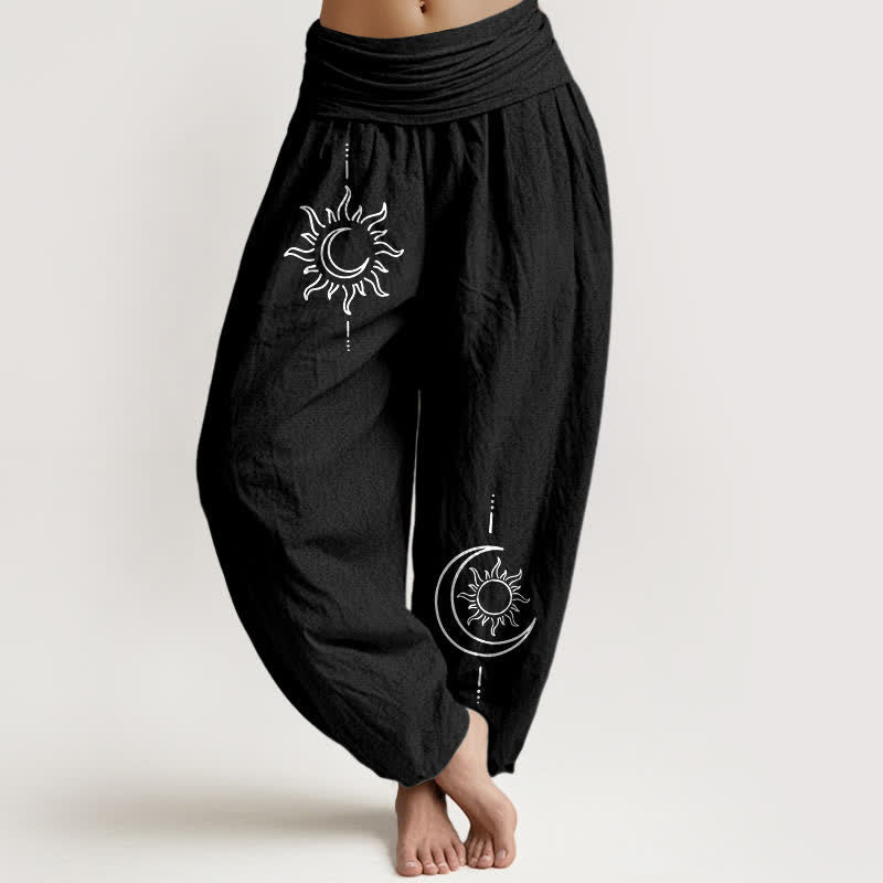 Buddha Stones Pure Cotton Moon Sun Pattern Women's Elastic Waist Harem Pants - Black - US16，UK/AU20，EU48 (3XL) - image 5
