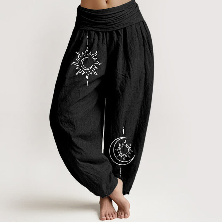Buddha Stones Pure Cotton Moon Sun Pattern Women's Elastic Waist Harem Pants - Black - US16，UK/AU20，EU48 (3XL) - image 5