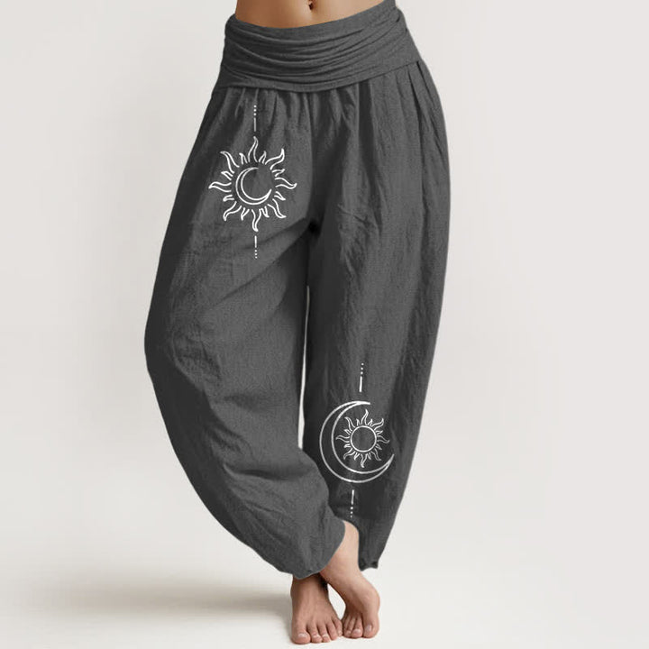 Buddha Stones Pure Cotton Moon Sun Pattern Women's Elastic Waist Harem Pants - DimGray - US16，UK/AU20，EU48 (3XL) - image 0