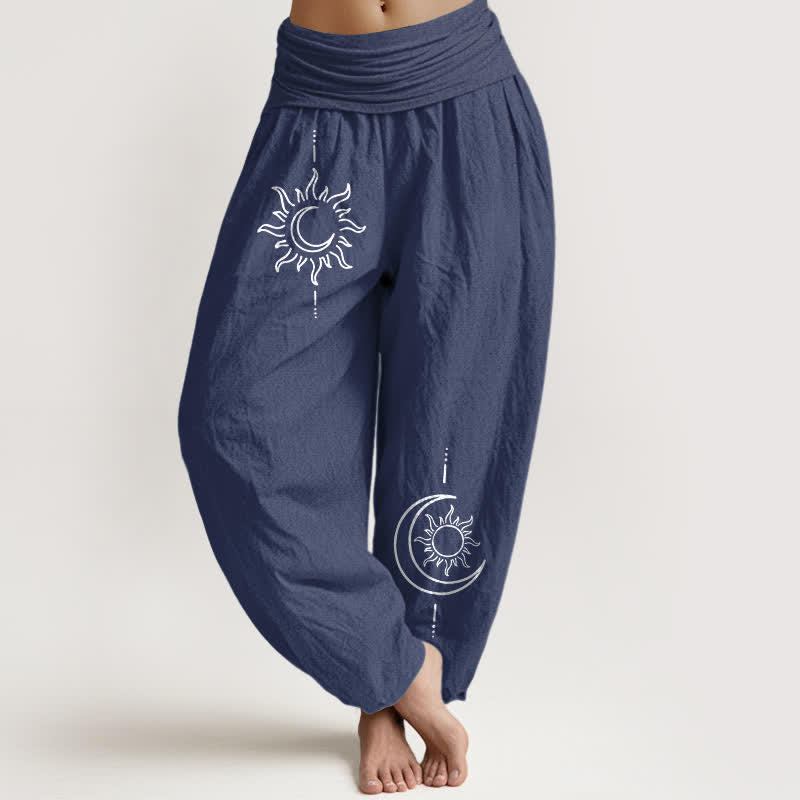 Buddha Stones Pure Cotton Moon Sun Pattern Women's Elastic Waist Harem Pants - DarkSlateBlue - US16，UK/AU20，EU48 (3XL) - image 8