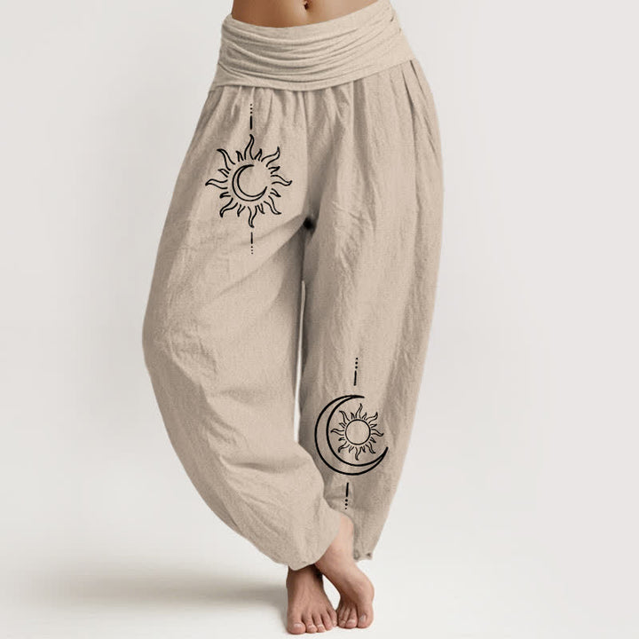 Buddha Stones Pure Cotton Moon Sun Pattern Women's Elastic Waist Harem Pants - Tan - US16，UK/AU20，EU48 (3XL) - image 11