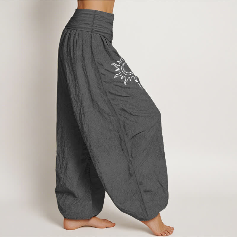 Buddha Stones Pure Cotton Moon Sun Pattern Women's Elastic Waist Harem Pants - image 1