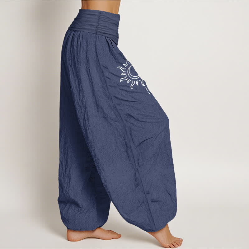 Buddha Stones Pure Cotton Moon Sun Pattern Women's Elastic Waist Harem Pants - image 9