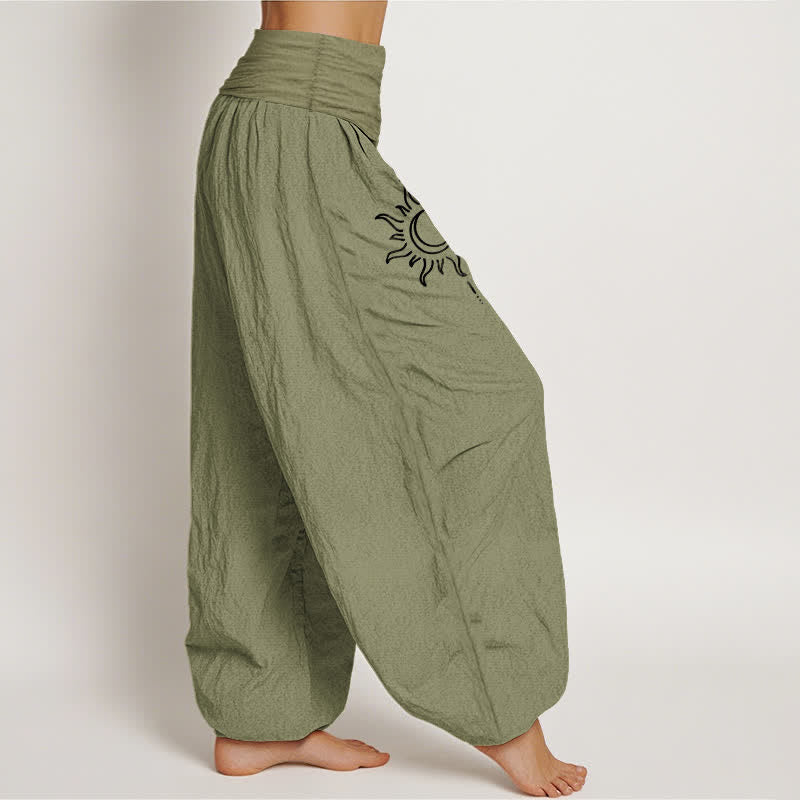 Buddha Stones Pure Cotton Moon Sun Pattern Women's Elastic Waist Harem Pants - image 15