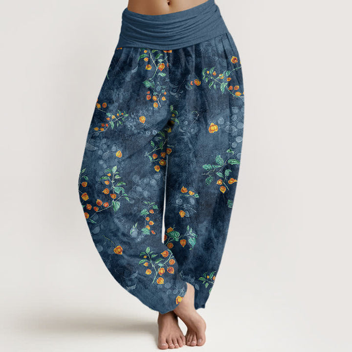 Buddha Stones Cotton Orange Blossom Vine Pattern Women's Elastic Waist Harem Pants - SteelBlue - US16，UK/AU20，EU48 (3XL) - image 8