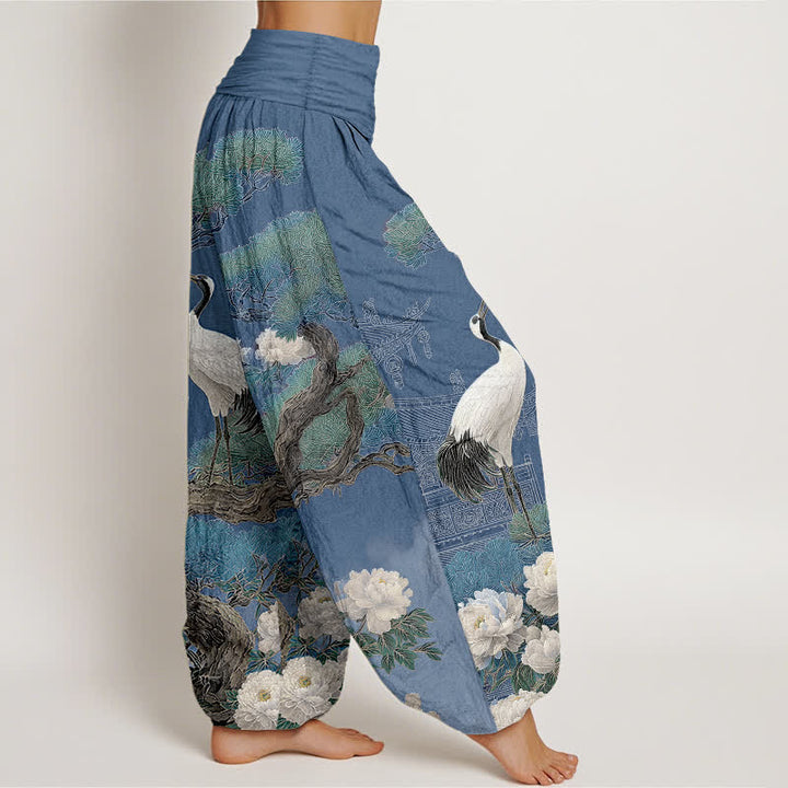Buddha Stones Cotton Crane Blossom Pattern Women's Elastic Waist Harem Pants - image 1