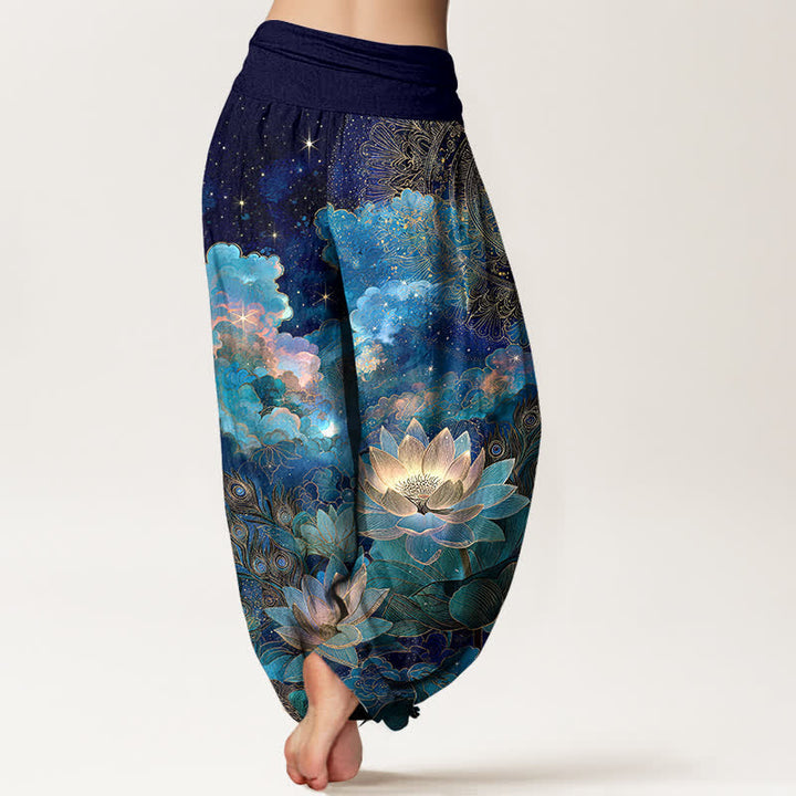 Buddha Stones Cotton Lotus Night Sky Pattern Women's Elastic Waist Harem Pants - image 2