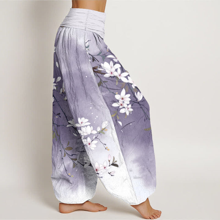 Buddha Stones Pure Cotton White Magnolia Branch Pattern Women's Elastic Waist Harem Pants - image 6