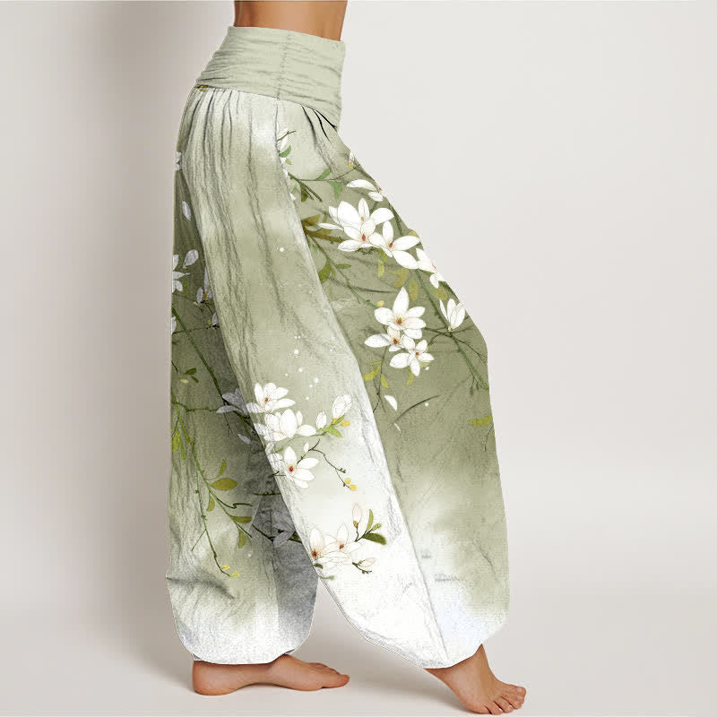 Buddha Stones Pure Cotton White Magnolia Branch Pattern Women's Elastic Waist Harem Pants - image 9