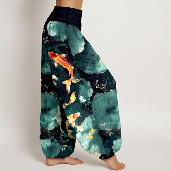 Buddha Stones Cotton Koi Fish Lotus Leaves Pattern Women's Elastic Waist Harem Pants - image 1