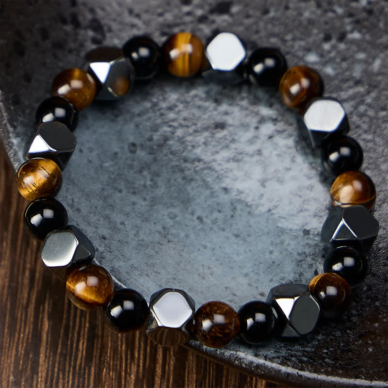 Buddha Stones Black Obsidian Tiger Eye Hematite Faceted Protection Bracelet - image 1